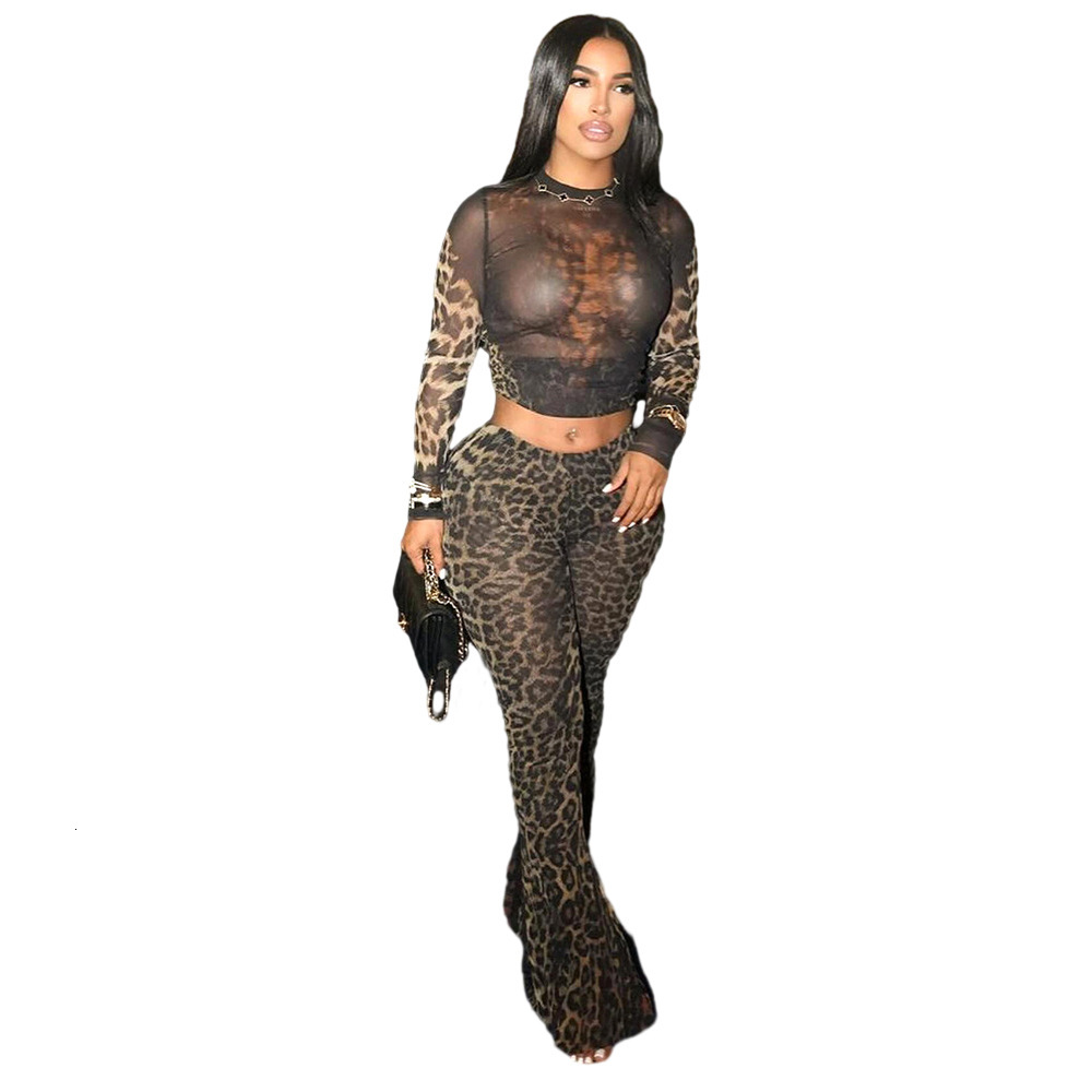Designer Set Women's Summer Pants Fashion Sexy Leopard Pattern Positioning Print High Waist Two Piece Set Sexy Long Sleeve Top Trendy Women'