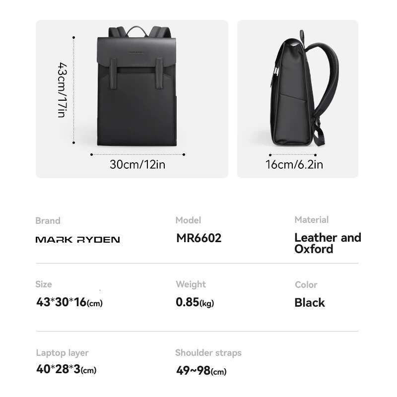 Mark Ryden Classic Work Black Leather Backpack 15.6 Inch Laptop Waterproof Bag School Bags Business Bacbackpack For Men