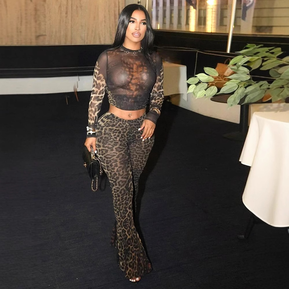 Designer Set Women's Summer Pants Fashion Sexy Leopard Pattern Positioning Print High Waist Two Piece Set Sexy Long Sleeve Top Trendy Women'
