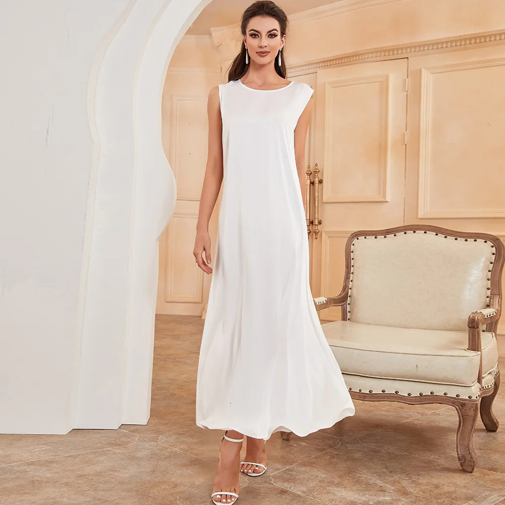 Ramadan Under Abaya Satin Inner Dress Muslim White Sleeveless Chiffon Womens Islamic Clothing Dubai Kaftan 250326