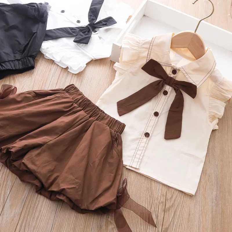 Girls summer casual set summer vacation bow top+shorts 2-piece set childrens clothing for girlsT250327