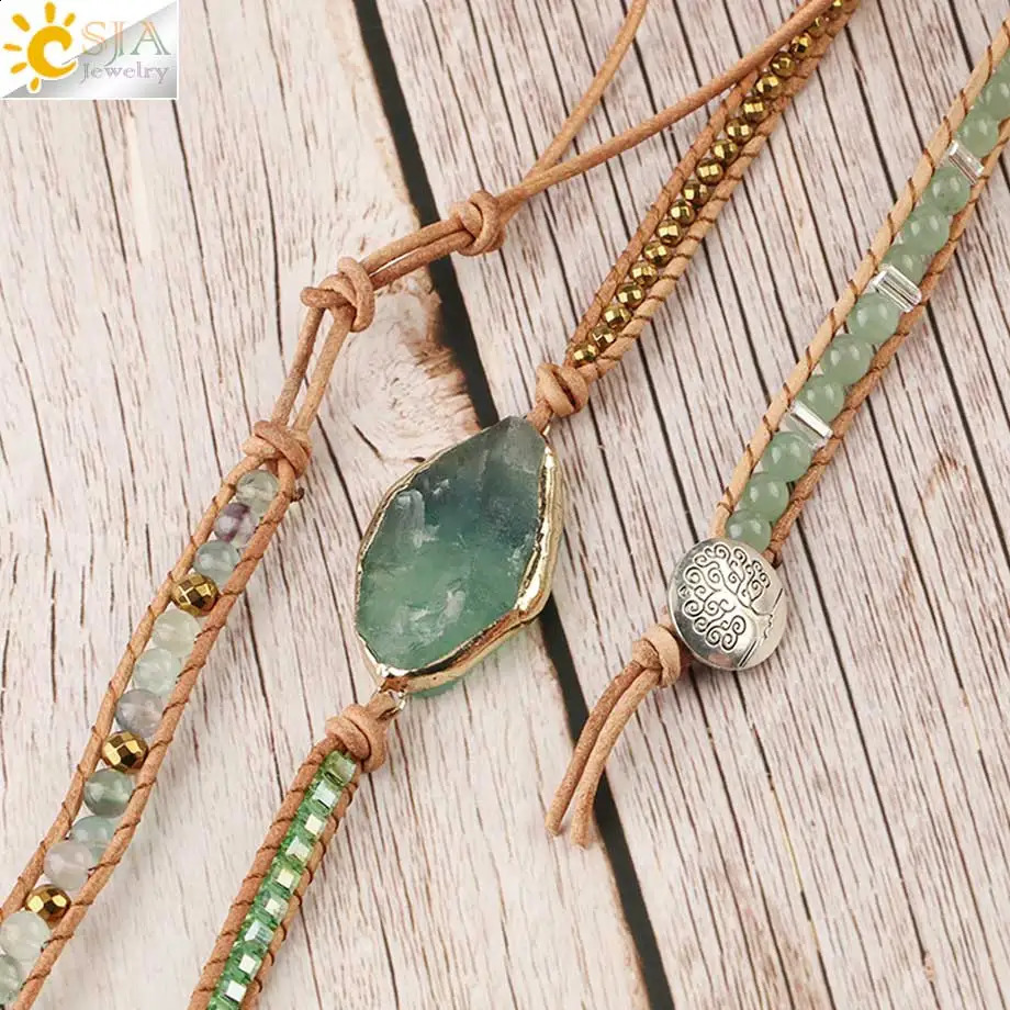 CSJA Boho Natural Stone Braided Bracelet for Women Green Aventurine Beads Handmade Wrap Bracelets Balance Bangle Jewelry G118 250318