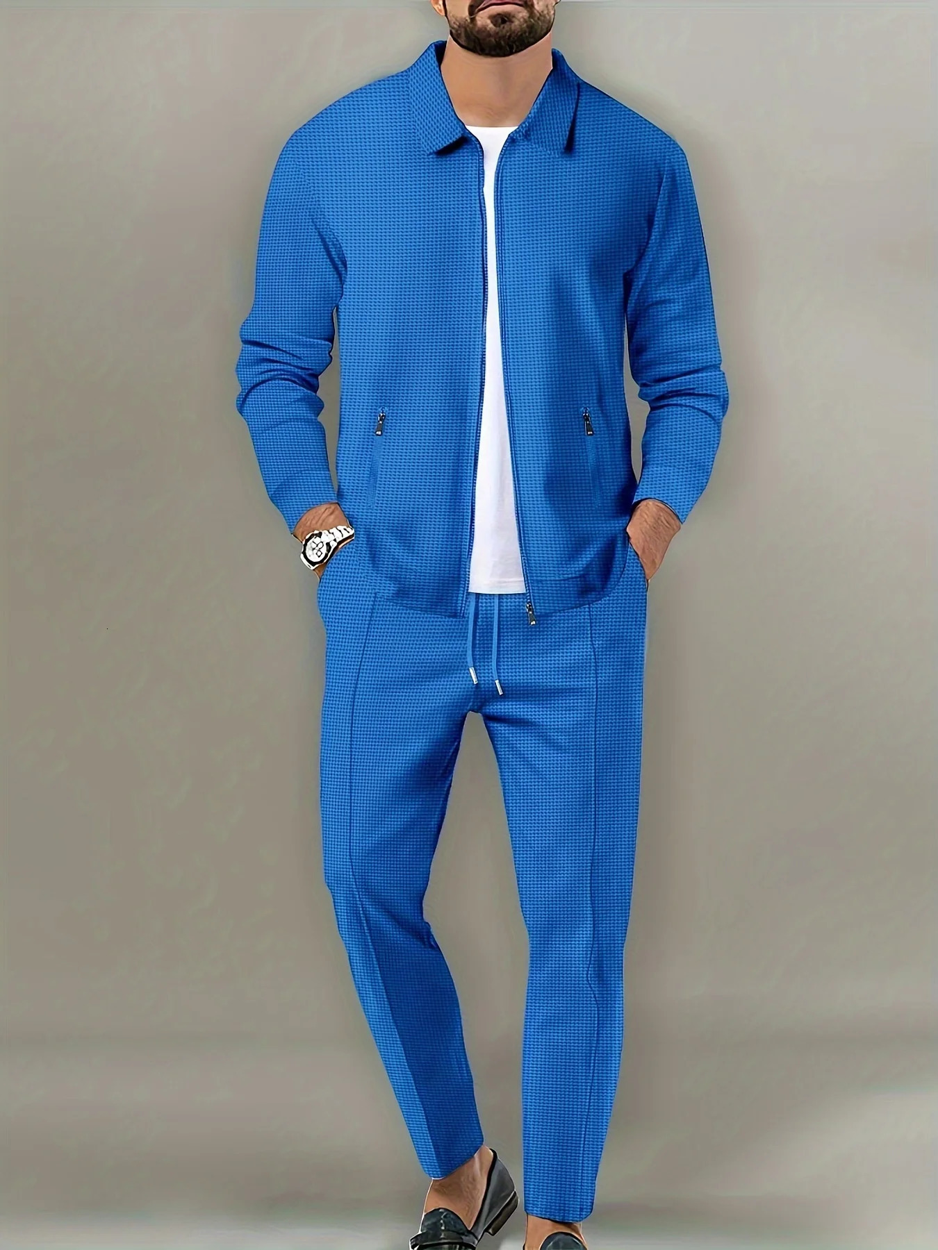 Mens slim fit jacket with zippered pockets long sleeved sweatshirt cardigan set pants elegant twopiece 250326