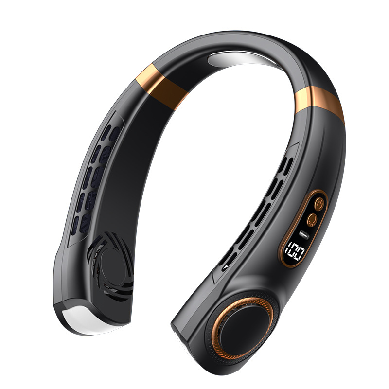 2025 New Portable Neck USB Handheld Mute LED Digital Display Leafless Mini Electric Fan Colorful Atmosphere Lights 5th Gear