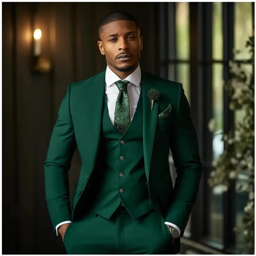 Formal Emerald Green 3 Piece Men Suits Elegant Peaked Lapel JacketVestPants Wedding Groom Tuxedos Business Suit Custom Made 250326