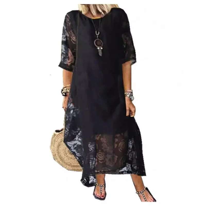 Dongdumaoyi Zomer Damesmode Nieuwe Hot Ronde Hals Korte Mouw Kant Lange Casual Damesjurk