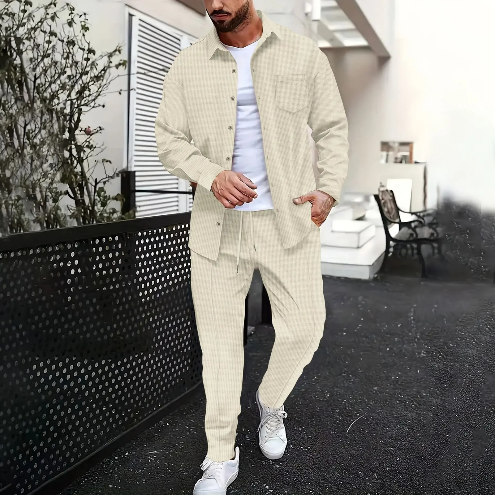 Spring and summer mens waffle solid color twopiece trend lapel long sleeved shirt Trous casual outdoor sportswear 250327