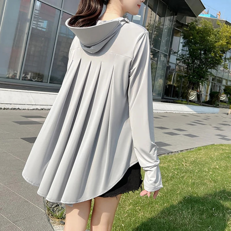 Casual clothing solid jacket UV resistant hooded zipper front and rear long pockets sun shirt sleeves summer womens 250326