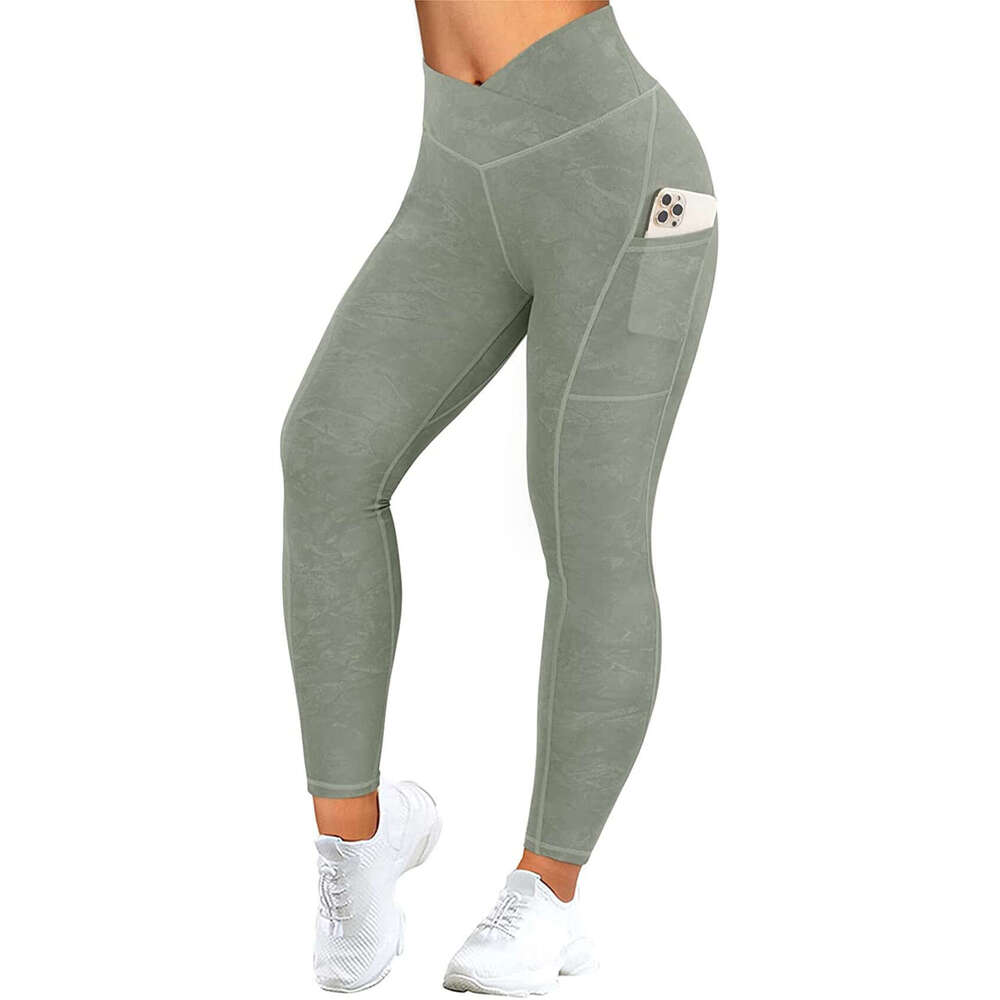 Women Yoga Pants Autumn And Winter Breathable Thin Style Solid Color Printed Slimming Cross Waist Bottom Pocket Pants YJ