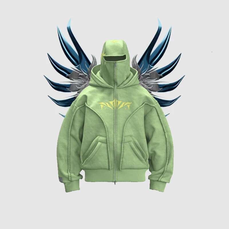 Phantom Hoodie Zip Up Double Hat Balaclava Embroidery Patch Streetwear Dark Gothic Heavyweight Unisex Oversize Sweatshirt