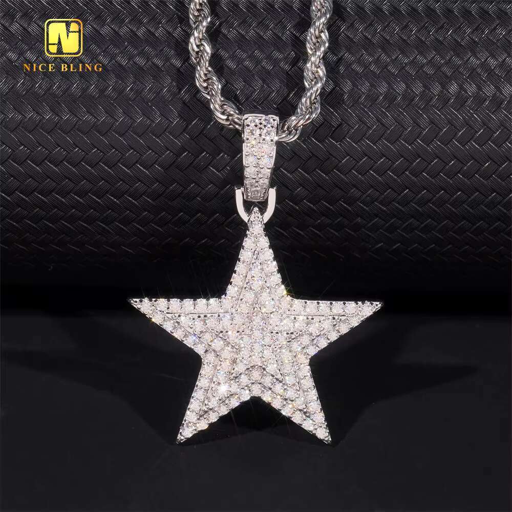 Fine Double Pentagram Design Custom Iced Out Hip Hop Moissanite Jewelry Pendant 925 Silver VVS Moissanite Diamond Charm Pendant