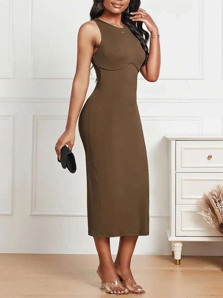 Dongdumaoyi Elegante Slim Fit Ronde Hals Vest Stijl Diepe Rug Geribbelde Gebreide Jurk Model A