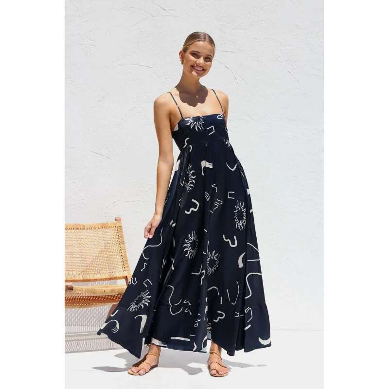 Dongdumaoyi Zomermode Bedrukte Rugloze Strappy Sexy Maxi Damesjurk Met Hoge Taille Stijlvol En Comfortabel