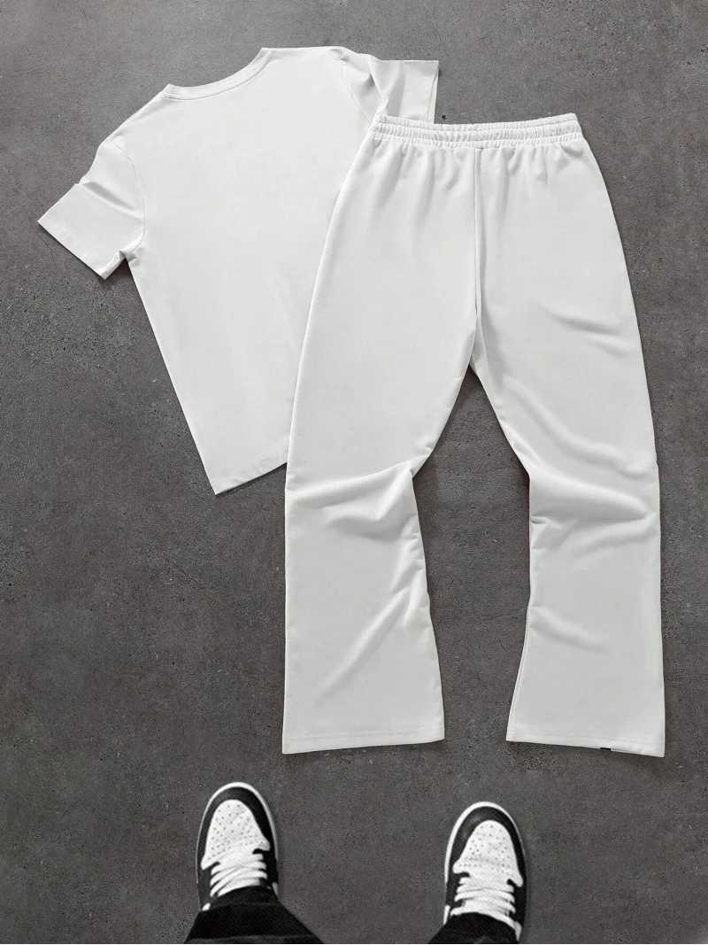 Mens fashion two-piece fashion hip-hop strong letter printed crew neck t-shirt and trousers set hip-hop clothing mens clothingXJ250326