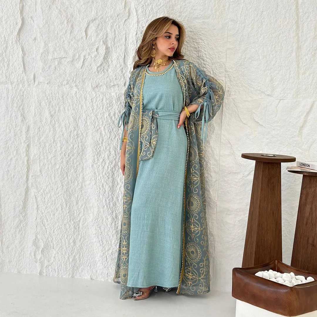 Ramadan Eid Djellaba Kimono Jalabiya Muslim Sets for Women Dubai Abaya Turkey Kaftan Robe Caftan Marocain Femme Islam Clothing X250514