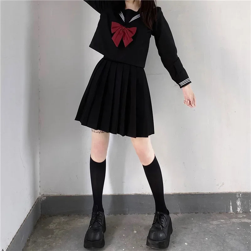 Japanese School Uniform Girl Jk Set Red Tie Black Extra Large Patch Work Basic Sailor Womens Long Sleeve 250326