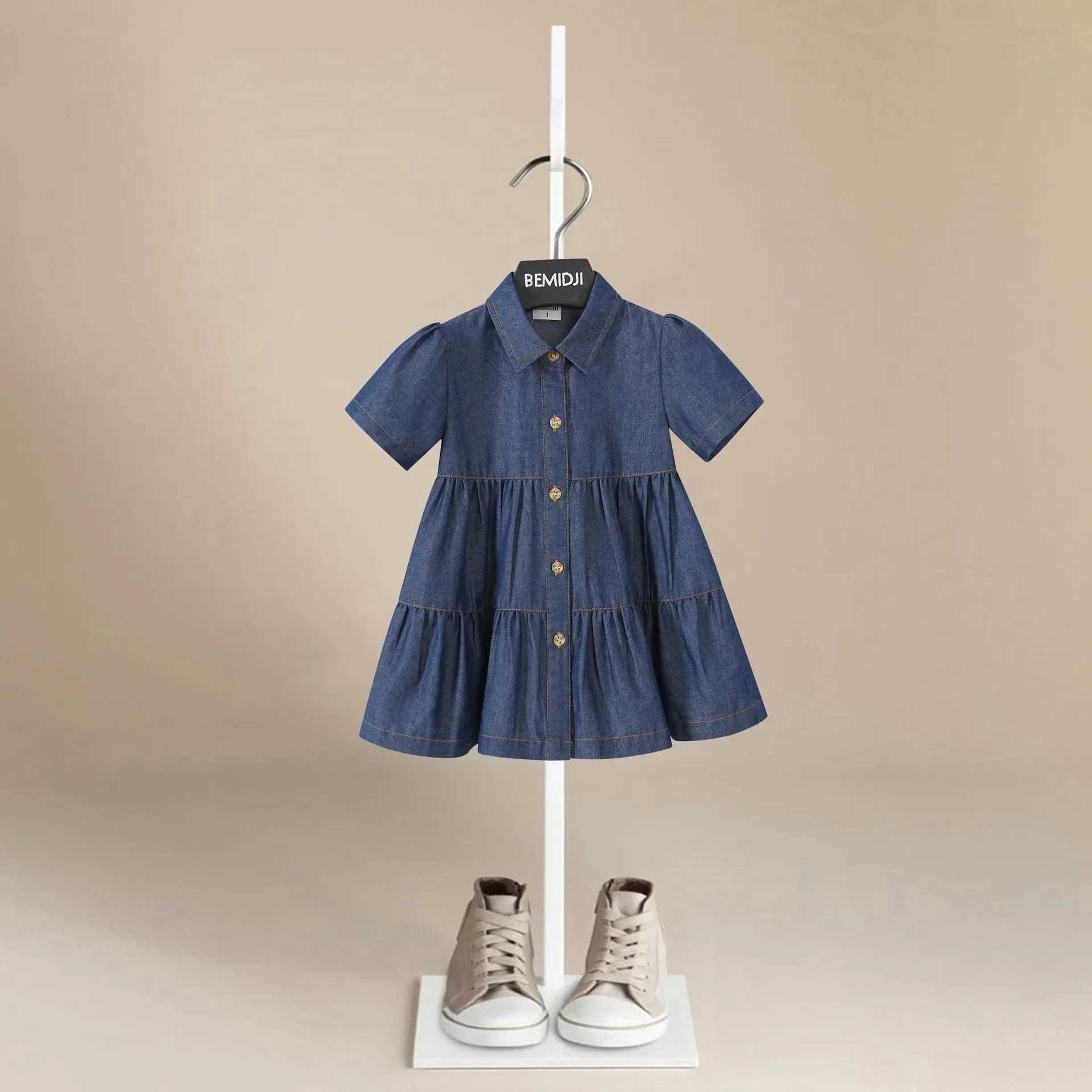 Summer Childrens Clothing Girls Denim Dresses Solid Colors Kids Short Sleeve Dresses O-Neck Kids Girl Casual Wrinkles Dress W250326