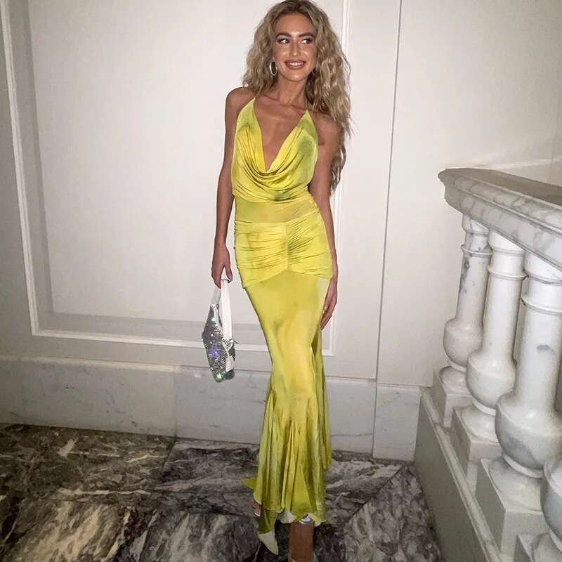 Dongdumaoyi Lente Nieuwe Elegante Lichte Volwassen Stijl Houder Diepe V Print Lange Ruches Jurk C
