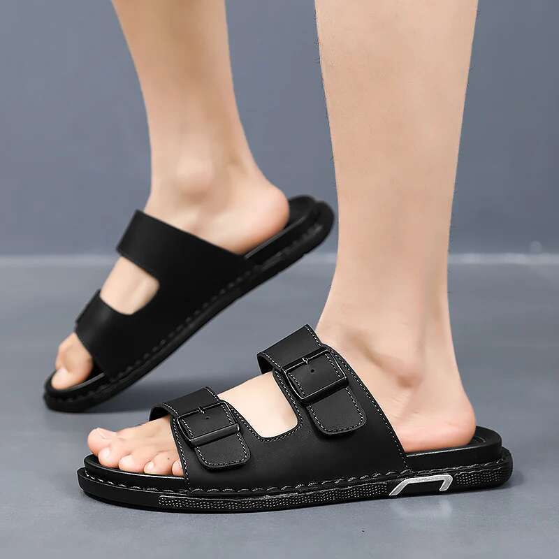 Fashion for men, PU leather, metal details, buckle strap, plus size, summer beach men's mid heeled shoes, sandals