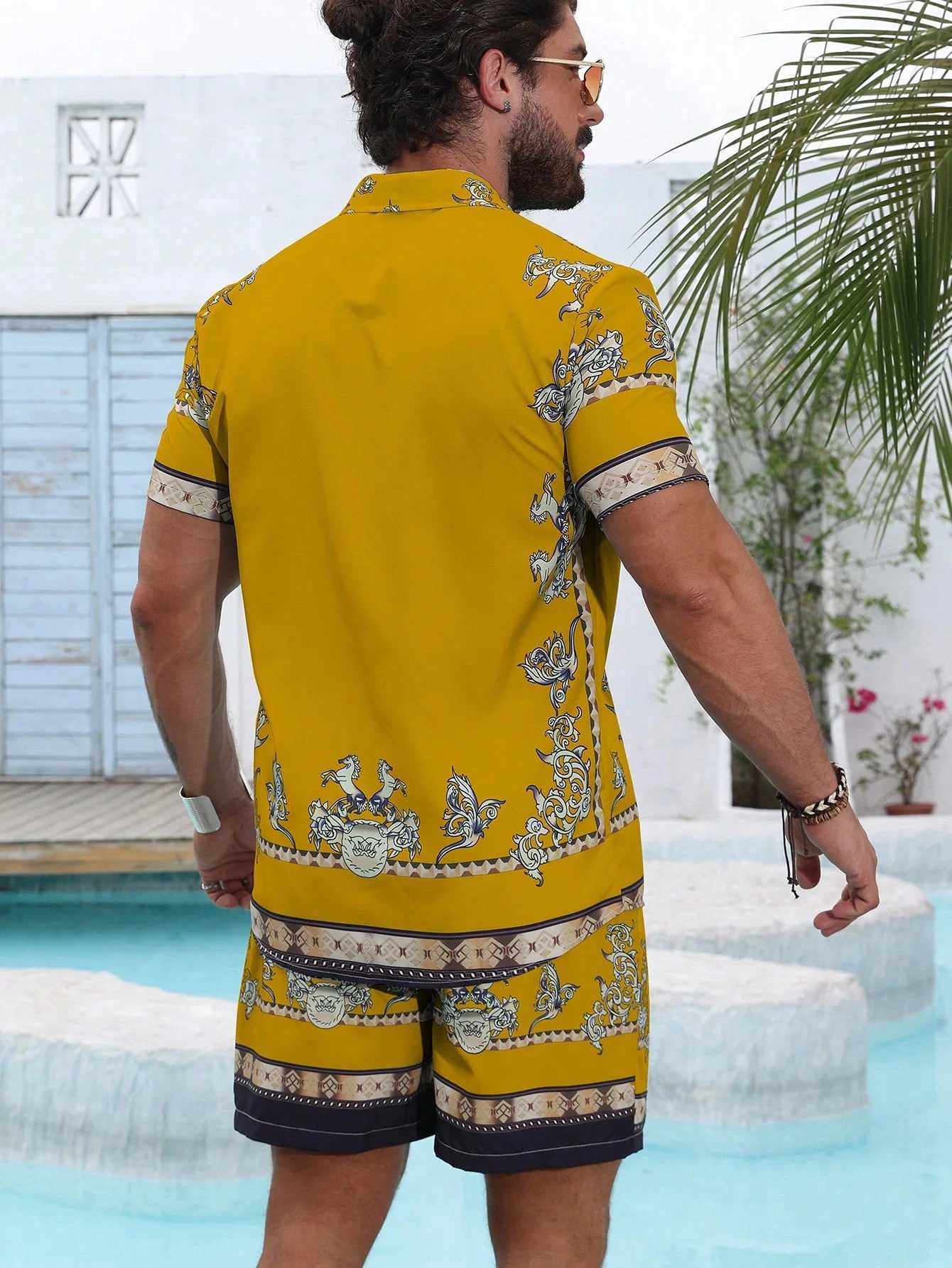 Baroque luxury printed mens shirt shorts 2-piece set summer casual shirt Hawaiian beach short sleeved mens setXJ250326
