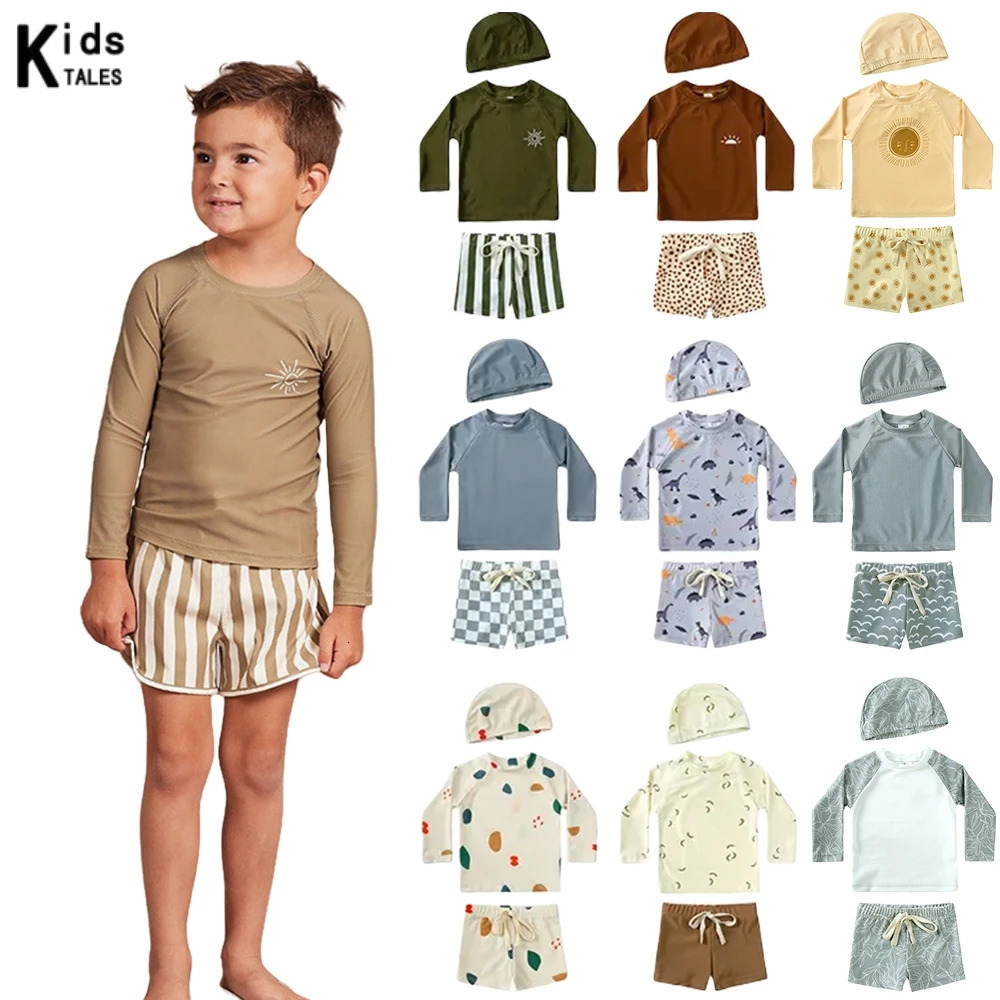 1-7T Summer Kids Boy Swimsuits Vacation Beach Pants Long sleeve Tops with Hat Toddler Sets Fashion Children Surfing Swim Suit 250326