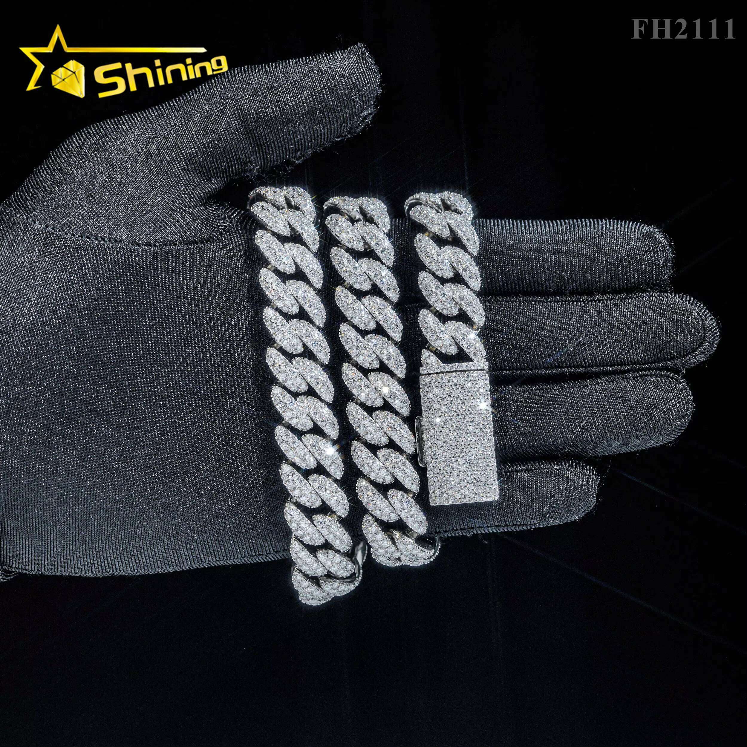 Hip Hop Fine Jewelry Factory Direct Sell 15MM Iced Out 925 Sterling Silver White Gold Plated Moissanite Cuban Link Chain Men