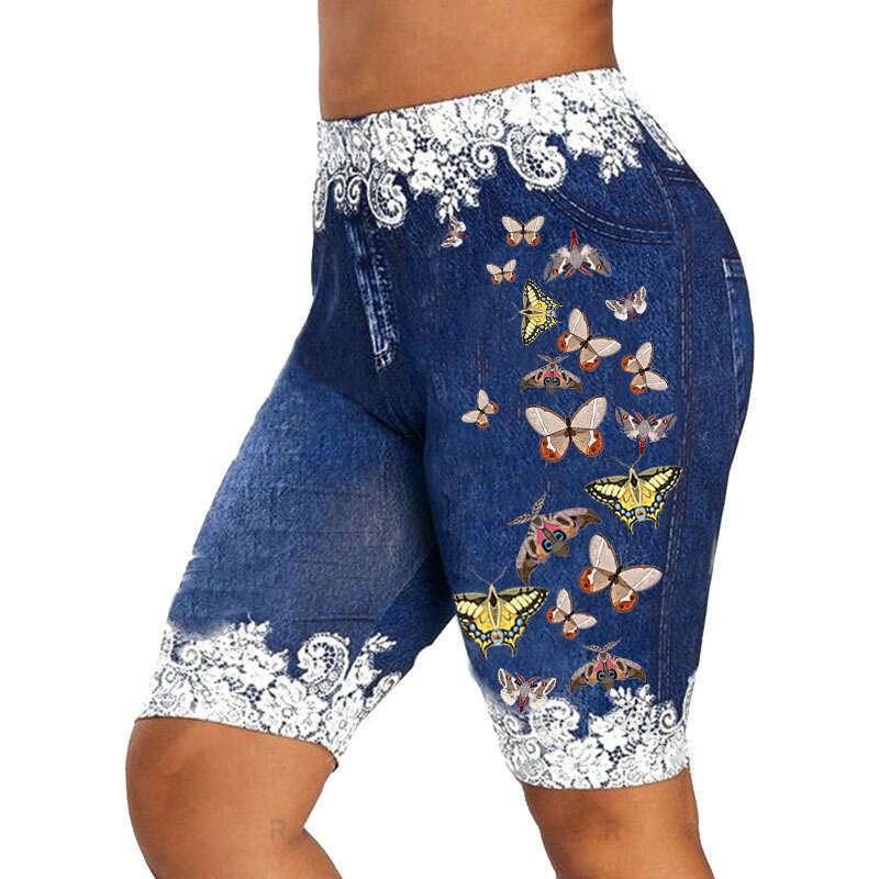 Women Yoga Pants Printed Lace Imitation Denim Butterfly Pattern High Waisted Yoga Shorts And Fitness Pants With Hip Lifting