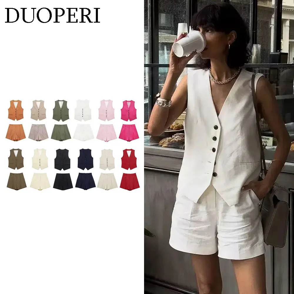 DUOPERI Women 2 Pieces Sets Plain Linen Tops Vest and Shorts Chic Lady Casual Basic Business Waistcoat Coordinates 250311