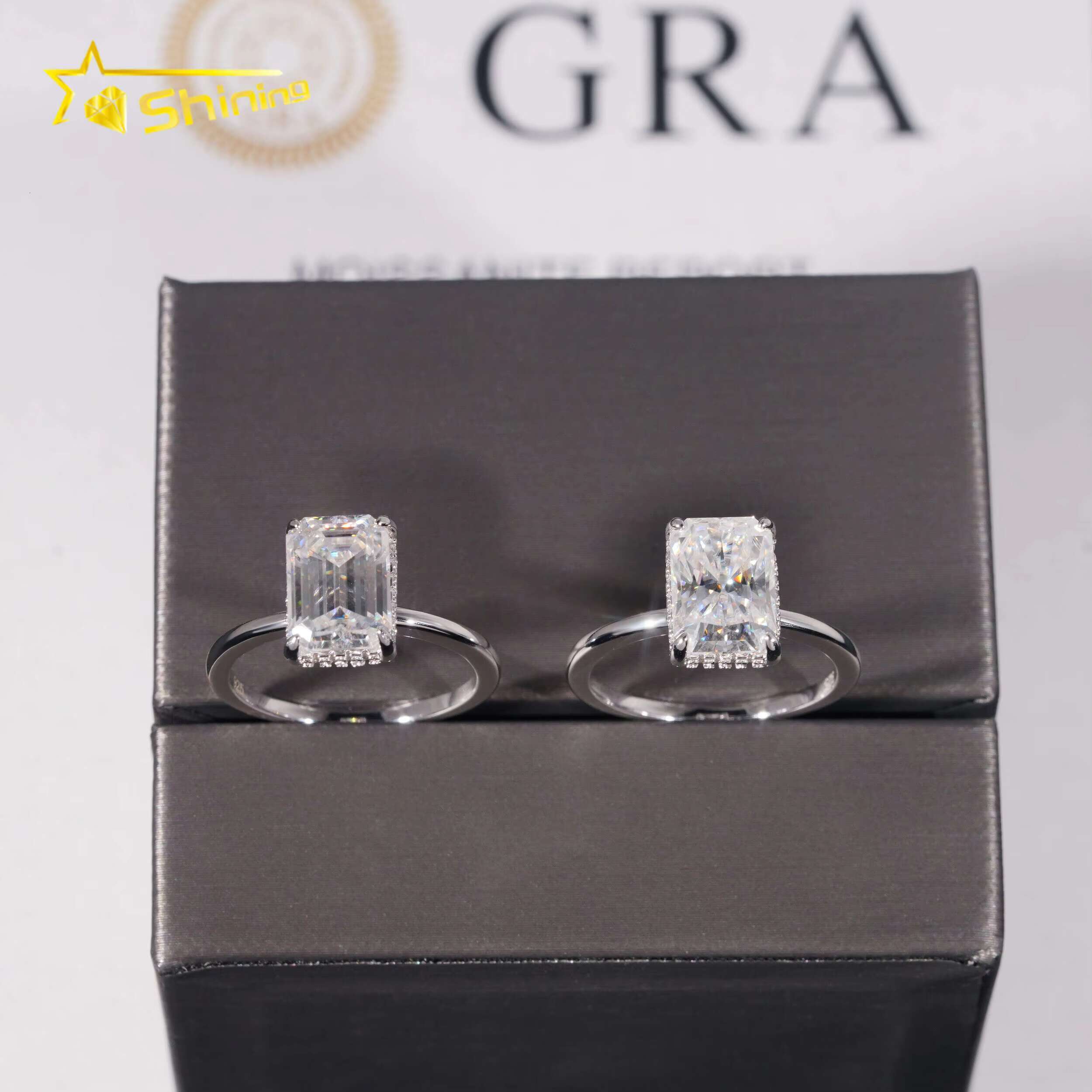 Fashion Women Jewelry Radiant Cut 3ct Moissanite 925 Sterling Silver Gold Plated Halo Set Plain Band Engagement Womens Rings