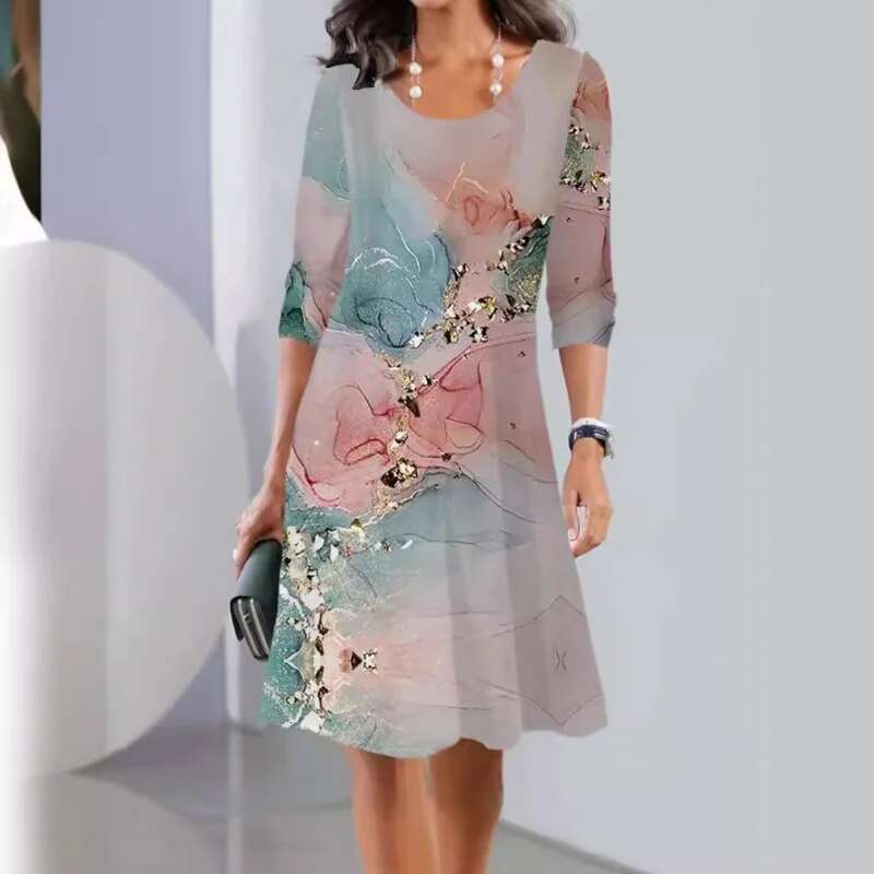 Dongdumaoyi Herfst Winter Nieuwe Print Plus Size Lange Mouwen Ronde Hals Midi Damesmode Jurk A