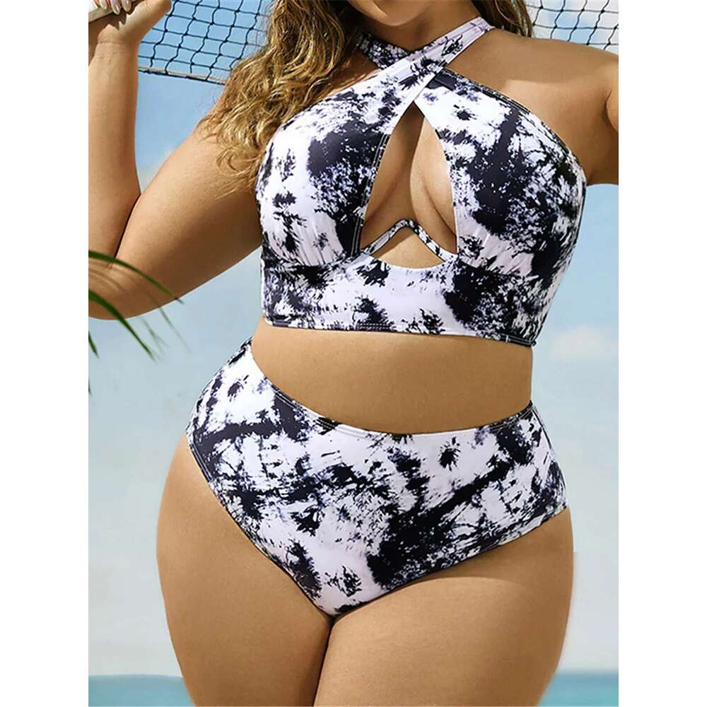 0XL - 4XL Printed Large Swimwear Plus Size High Waist Women Swimsuit Female Two-pieces Bikini set Bathing Suit K5630 - Twopieces - -