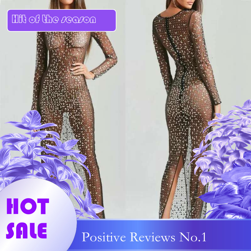 Dongdumaoyi Nieuwe Hot Fashion Sexy Strass Blouse Mesh Lange Mouw Split Jurk C