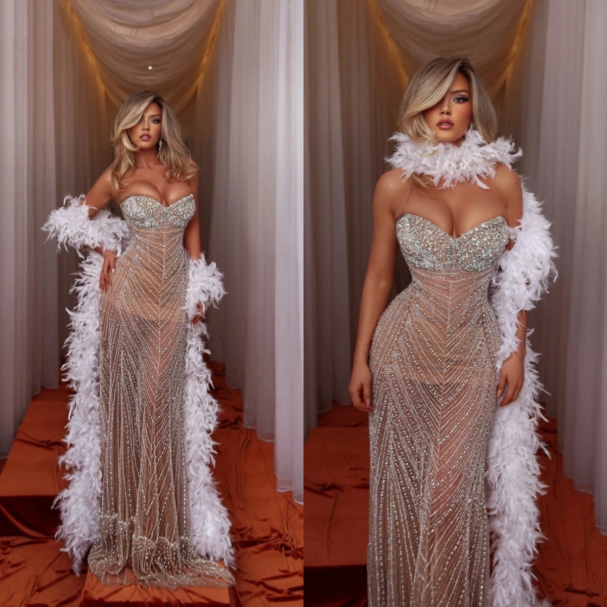 Sexy Illusion Straight Evening Dress With Feathers Sparkly Beaded Party Gown Customized Luxurious Crystal Prom Dresses