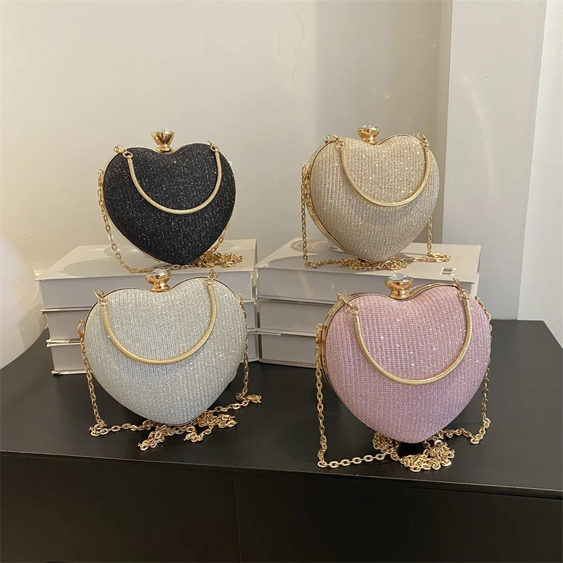 Night clutch bag womens shiny handbag heartshaped metal fashionable chain shoulder cross body y wallet 250326