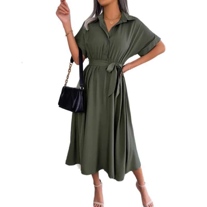 Dongdumaoyi Zomer Casual Losse Effen Kleur Stropdas Shirtjurk Lange Jurk C