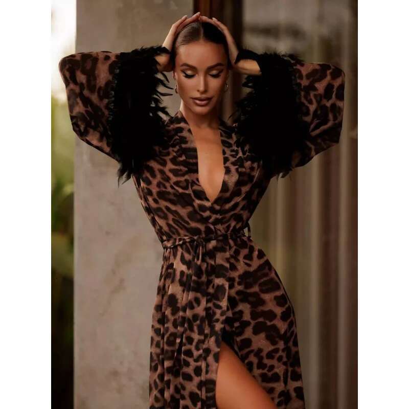 Dongdumaoyi New Leopard Print Long Sleeve High Waist Slit Dressvcollar Graceful Personality Fashion Women C