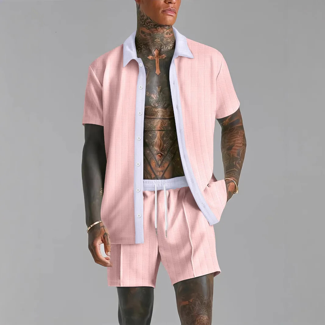 Summer mens casual suit patch work transparent lapel short sleeved shirt and shorts fashionable comfortable twopiece street TWear 250326