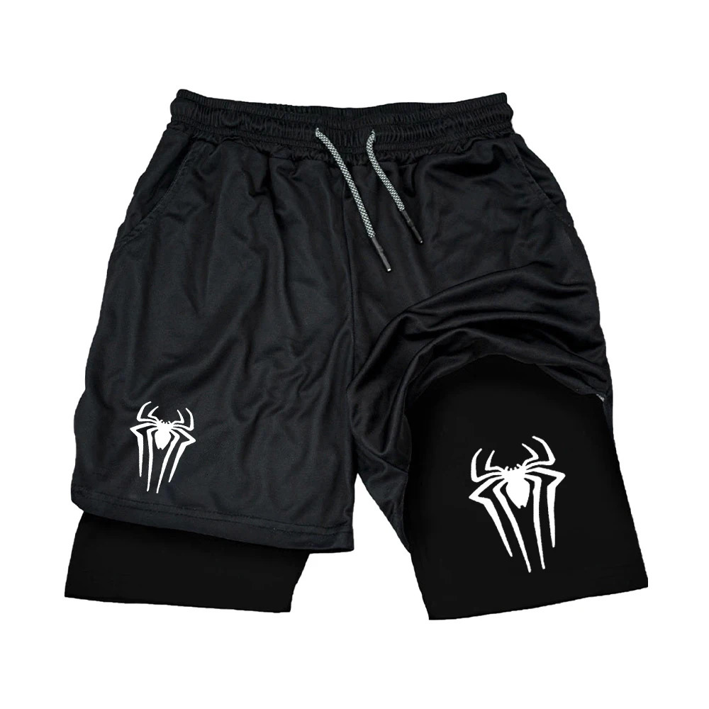 Y2K Performance Shorts Mens Spider Printed Gym Casual Sports Compression Running Web 2in1 250326