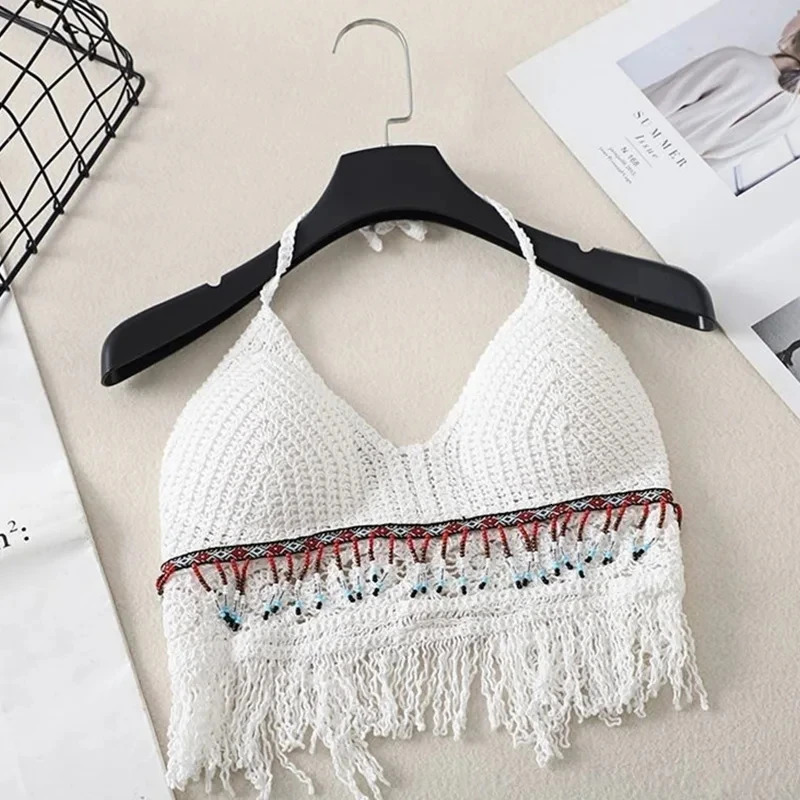 Sexy Bohemian Beach Holiday Vest Strap Womens Crochet Knitted Swimsuit Backless Hollow Tassel Top 250326