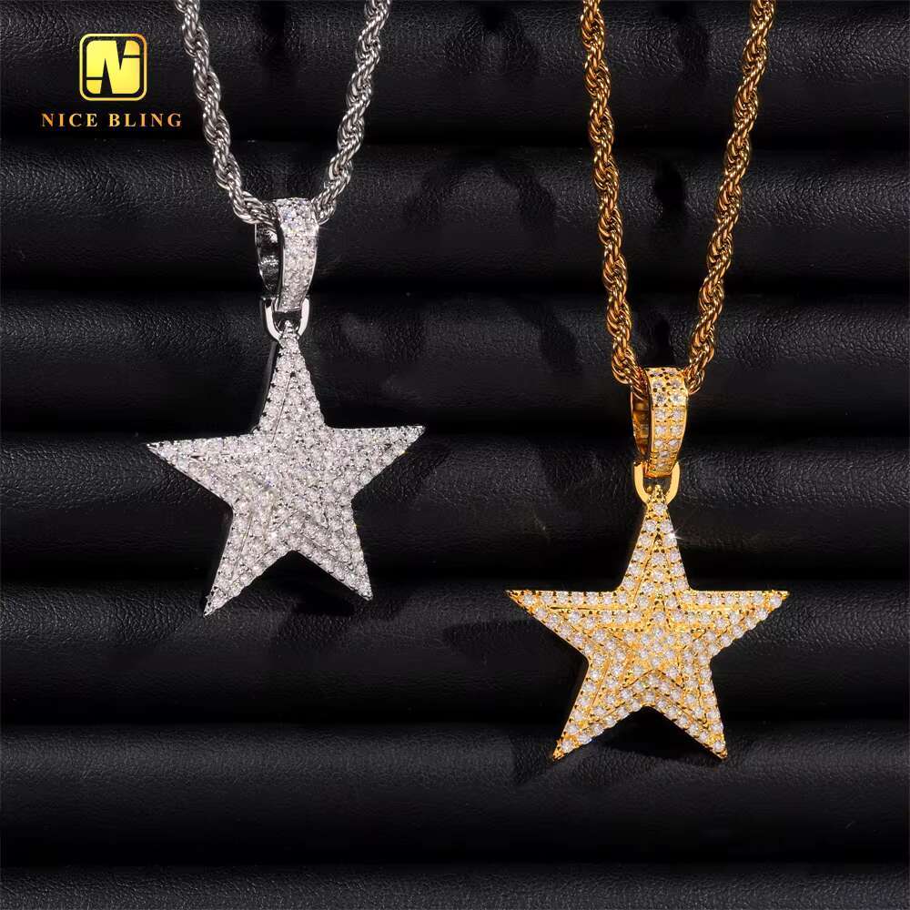 Fine Double Pentagram Design Custom Iced Out Hip Hop Moissanite Jewelry Pendant 925 Silver VVS Moissanite Diamond Charm Pendant