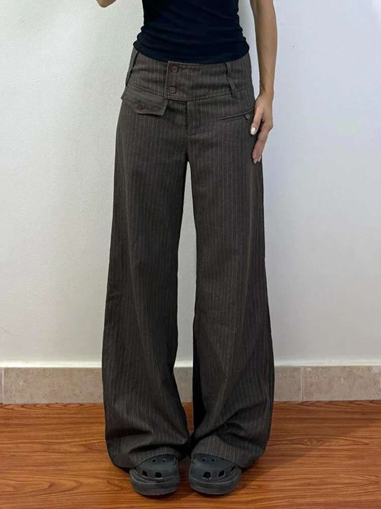 Deeptown Elegant Vintage Striped Straight Women American Retro Office Ladie Casual Loose Patchwork Wide Leg Pants 2025 Y2k