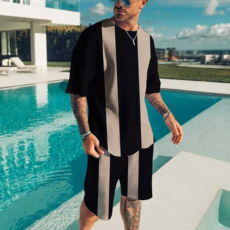 Summer mens track and field clothes 2-piece O-neck 3D short sleeved shirt set mens running clothes oversized T-shirtXJ250326