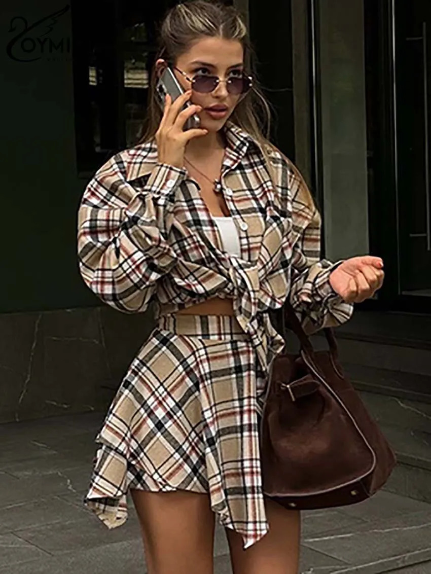Oymimi elegant blue print set suitable for women 2 pieces fashionable long sleeved button up shirt and high waisted pleated mini skirt 250326