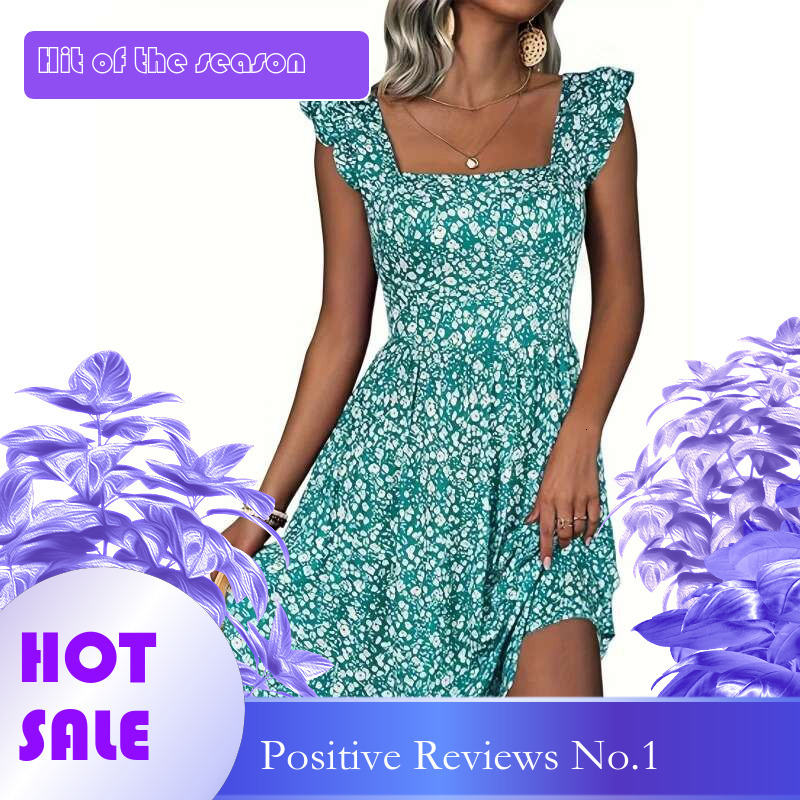 Dongdumaoyi Jurk Met Bloemenprint Vierkante Hals En Opgestikte Zakken Elegante Jurk Ruchemouwen Taille Ruches Voor Lente Zomer WD