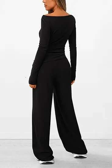 Dongdumaoyi Dames Lente Tweedelige Casual Outfit Asymmetrische T Shirt Met Lange Mouwen Wijde Pijpen Broek Jurken WD