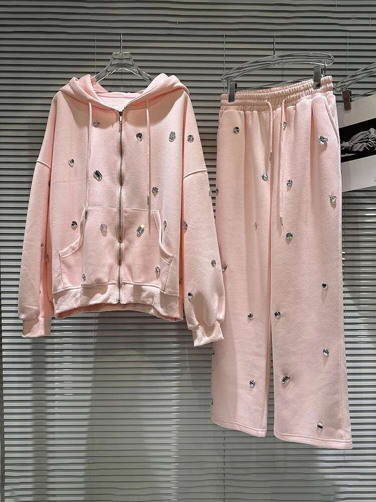 Fashion Knitted Two Piece Set For Women 2023 Autumn New Zipper Dias Beading Hooded Top Wide Leg Pants Female