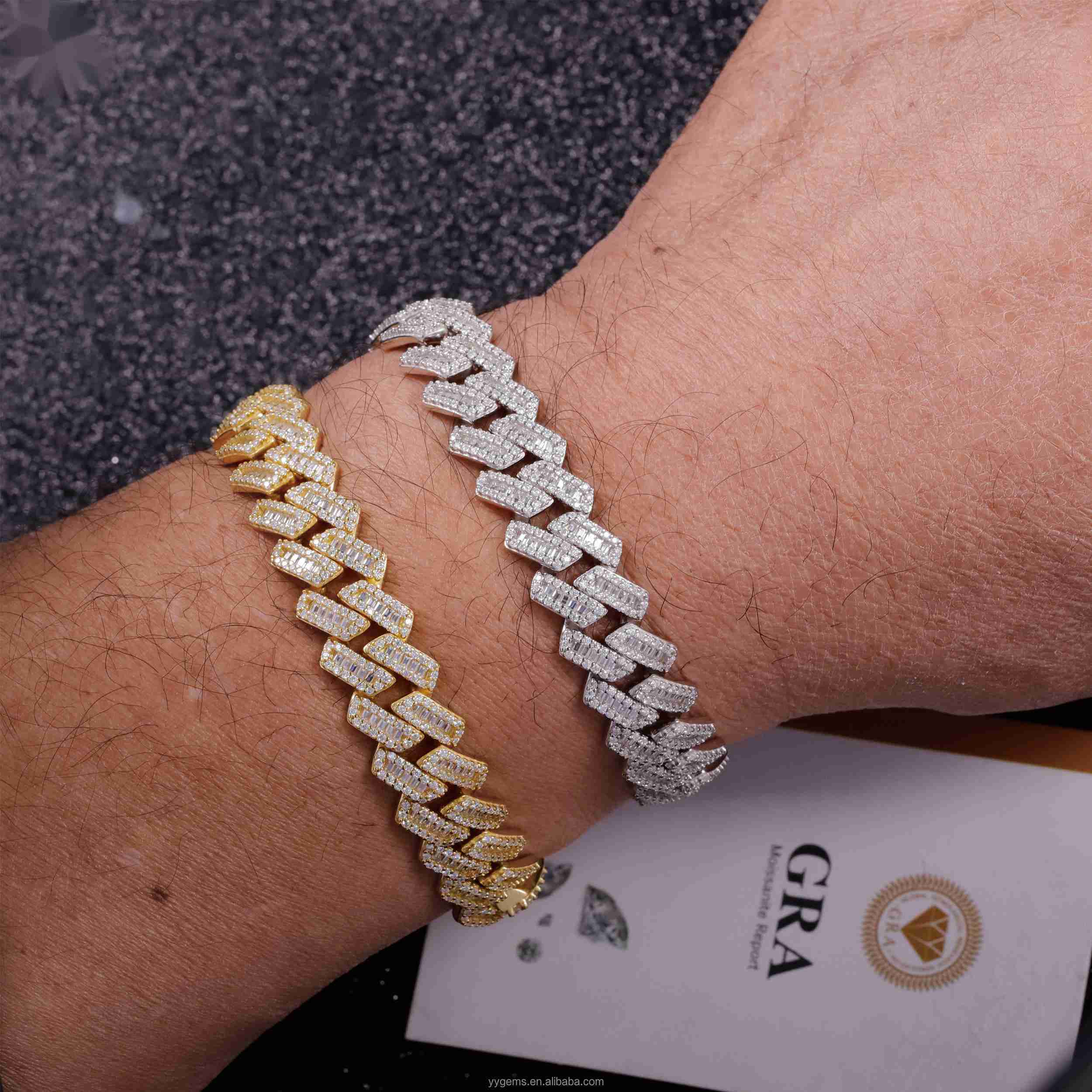 Yu ying VVS Moissanite Bracelet 13mm S925 Silver Hip Hop Bracelet iced out Baguette Moissanite Diamond Cuban Bracelet For Men