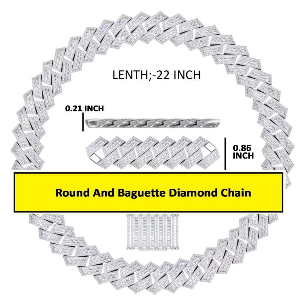 Cool Hip Hop Jewelry Necklaces Moissanite Diamond Round Baguette Cut Miami 22 MM Cuban Link Chain For Reppar Style