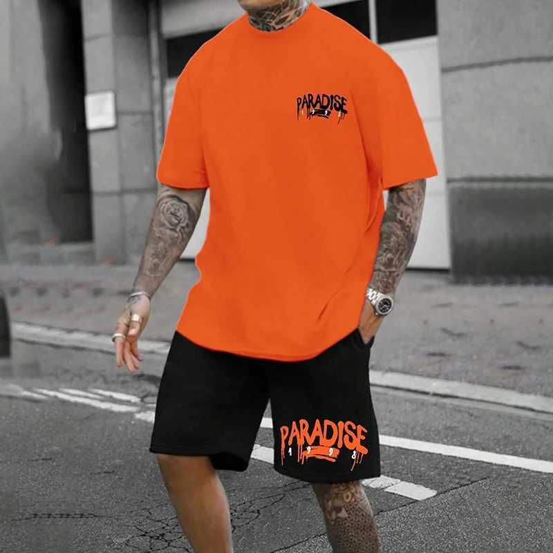 2024 Summer Mens Casual Short Sleeve Shorts Set Simple Letter Print Breathable Street Shoot 2-Piece Fashion O Collar Mens SuitXJ250326