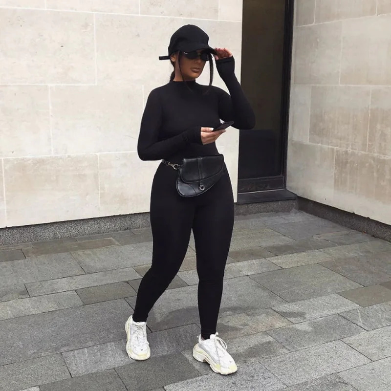 Black jumpsuit womens autumn streetwear long sleeved Oneck solid body sexy sports casual tight fashion set 250326